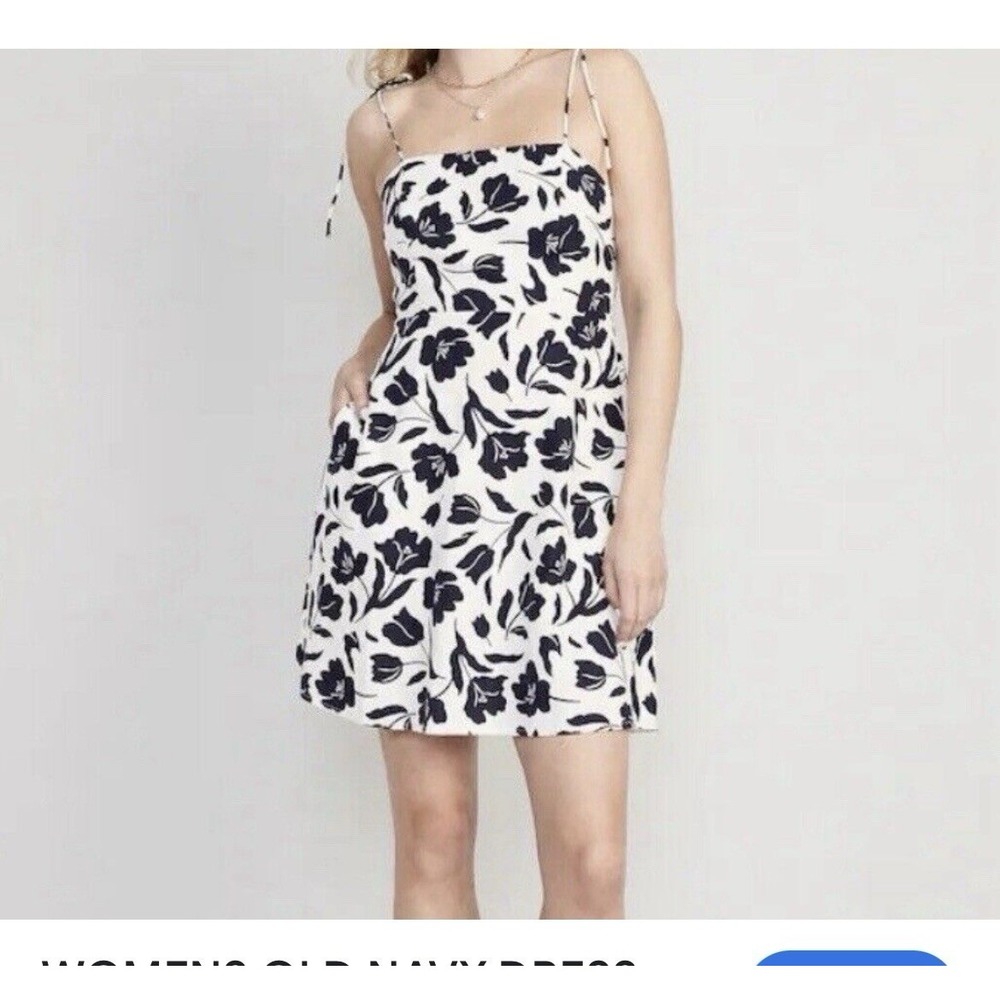 Old Navy Women's Sz Small Dress White Black Floral Knee Length Casual Linen NWT‎